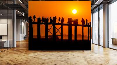 Royalty high quality free stock image of silhouettes of people and Bridge U-Bein teak bridge is the longest. in Amarapura ,Mandalay ,Myanmar Wall mural