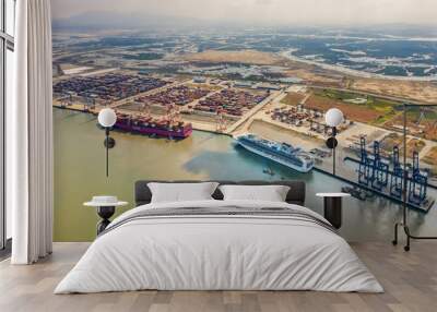 Top view aerial of International  container port Tan Cang - Cai Mep. Ba Ria, Vung Tau, Vietnam. Connect to Ho Chi Minh City by Thi Vai river and national road 51 Wall mural