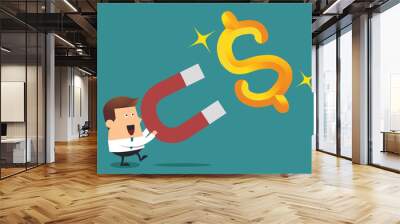 Young businessman and big magnet with big gold dollar sign, Busi Wall mural