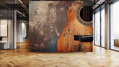 A close-up shot of an acoustic guitar's body and soundhole with space for text, revealing its intricate details, against a textured, aged backdrop. AI generated Wall mural