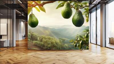 A scene showcasing an avocado orchard with ripe fruit hanging from trees, set against a textured background, AI generated Wall mural