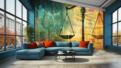 An illustration of a diverse portfolio of investments, including stocks, bonds, real estate, and commodities, against a backdrop of a balanced scale or rising graph, generative AI Wall mural