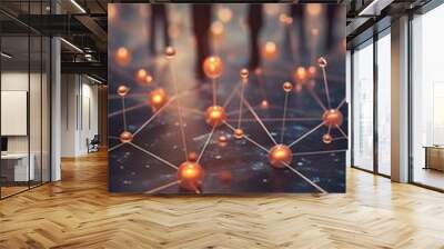 Design an illustration that visualizes the expansion of a business network, using interconnected nodes to represent partnerships, collaborations, and increased connections, AI generated Wall mural