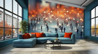 Design an illustration that visualizes the expansion of a business network, using interconnected nodes to represent partnerships, collaborations, and increased connections, AI generated Wall mural