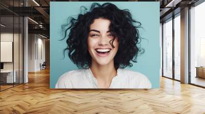 Portrait of a black hair white female with Overjoyed and Thrilled expression against pastel background with space for text, background image, AI generated Wall mural