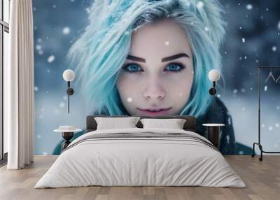 Selfie of a white female with blue hair against winter ambience background with space for text, AI generated, Background image Wall mural