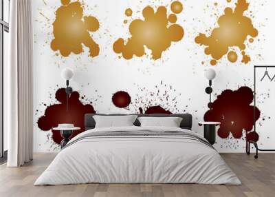 Collection of artistic grungy paint drop, hand made creative splash or splatter stroke set isolated white background. Abstract grunge dirty coffee stain group or graphic art vintage decoration Wall mural