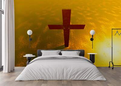 Concept or conceptual gold cross on a golden background. 3d illustration metaphor for God, Christ, Christianity,  religious, faith, holy, spiritual, Jesus, belief or resurection Wall mural