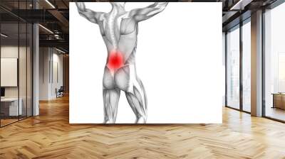 Conceptual back human anatomy with red hot spot inflammation articular joint pain or spine health care therapy or sport muscle concepts. 3D illustration man arthritis or bone sore osteoporosis disease Wall mural