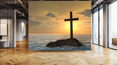 Conceptual cross on a rock in the sea at sunset Wall mural