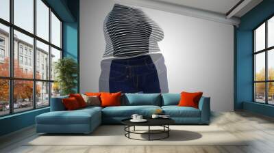 Conceptual fat overweight obese female clothes outfit vs slim fit healthy body after weight loss or diet thin young woman on gray. A fitness, nutrition or fatness obesity health shape 3D illustration Wall mural