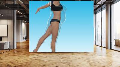 Conceptual fat overweight obese female vs slim fit healthy body after weight loss or diet with muscles thin young woman on blue. A fitness, nutrition or fatness obesity, health shape 3D illustration Wall mural