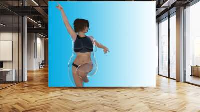 Conceptual fat overweight obese female vs slim fit healthy body after weight loss or diet with muscles thin young woman on blue. A fitness, nutrition or fatness obesity, health shape 3D illustration Wall mural