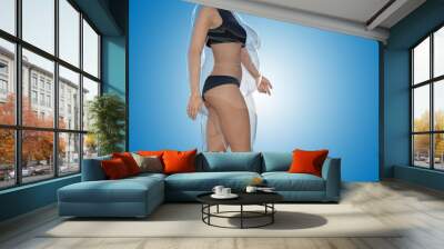 Conceptual fat overweight obese female vs slim fit healthy body after weight loss or diet with muscles thin young woman on blue. A fitness, nutrition or fatness obesity, health shape 3D illustration Wall mural