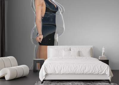 Conceptual fat overweight obese female vs slim fit healthy body after weight loss or diet with muscles thin young woman on gray. A fitness, nutrition or fatness obesity, health shape 3D illustration Wall mural