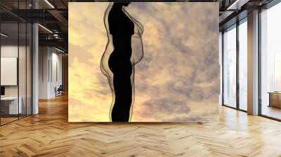 Conceptual fat overweight obese female vs slim fit healthy body after weight loss or diet with muscles thin young woman over sunset. Fitness, nutrition or fatness obesity, health shape 3D illustration Wall mural