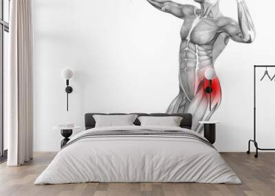 Conceptual hip human anatomy with red hot spot inflammation articular joint pain for leg health care therapy or sport muscle concepts. 3D illustration man arthritis or bone sore osteoporosis disease Wall mural