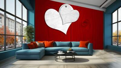 Conceptual two white old paper vintage hearts on red wood Wall mural