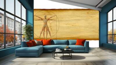 Conceptual vitruvian human body drawing on old paper background Wall mural