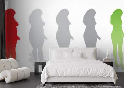 Vector conceptual fat overweight obese female vs slim fit healthy body after weight loss or diet with muscles thin young woman isolated. Fitness, nutrition or fatness obesity, health silhouette shape Wall mural