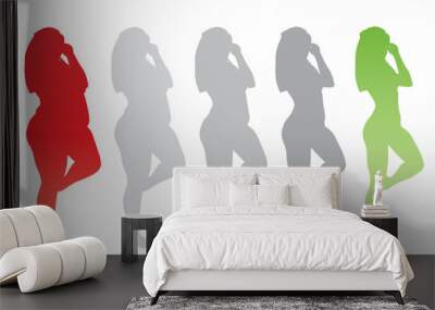 Vector conceptual fat overweight obese female vs slim fit healthy body after weight loss or diet with muscles thin young woman isolated. Fitness, nutrition or fatness obesity, health silhouette shape Wall mural