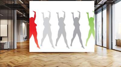 Vector conceptual fat overweight obese female vs slim fit healthy body after weight loss or diet with muscles thin young woman isolated. Fitness, nutrition or fatness obesity, health silhouette shape Wall mural