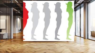 Vector conceptual fat overweight obese female vs slim fit healthy body after weight loss or diet with muscles thin young woman isolated. Fitness, nutrition or fatness obesity, health silhouette shape Wall mural