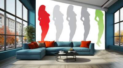 Vector conceptual fat overweight obese female vs slim fit healthy body after weight loss or diet with muscles thin young woman isolated. Fitness, nutrition or fatness obesity, health silhouette shape Wall mural