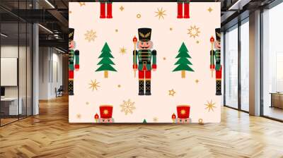 Christmas seamless background with nutcracker, Christmas tree and snowflakes. Wall mural