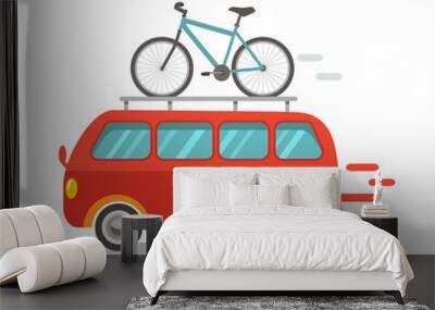 Funny minibus traveling with a bike in a cartoon style. Flat vector illustration Wall mural