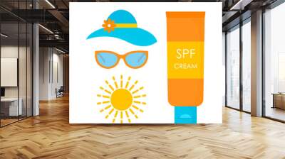 set of attributes from exposure to sunlight. womens hat, sunglasses and sun lotion. Wall mural