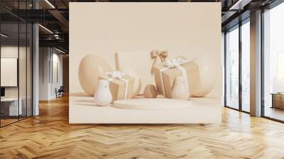 Easter eggs podium with 3d render vector in pastel cream and beige background. Easter day with gifts box and geometry platform for product.  Stage showcase on pedestal display.	 Wall mural