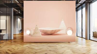 Minimal scene with stone podium and triangle lights on the floor. Abstract cosmetic background for beauty. Peach Fuzz is color trend of the Year 2024 Wall mural