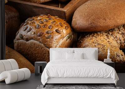 Closeup on assorted variety of fresh baked loaves of bread Wall mural