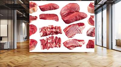 Collage of different isolated raw beef meat parts on the white background Wall mural