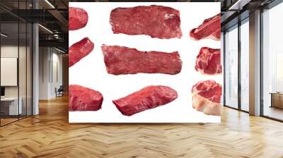 Collage of isolated raw beef meat pieces on the white background Wall mural