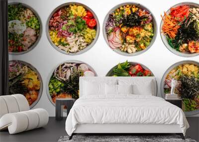 Isolated assorted variety of hawaiian poke bowls menu design collage Wall mural