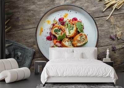 Top view on gourmet fried rolls dish on wooden background Wall mural