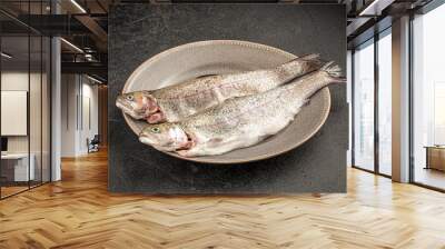 Two fresh raw seabass fishes on a plate Wall mural