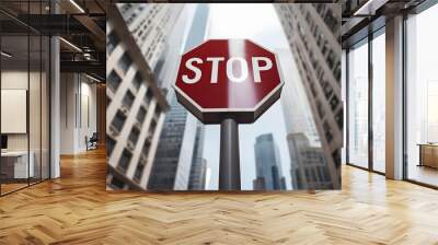 Close-up of red stop signs on poles in the middle of a busy cityscape with tall buildings Wall mural