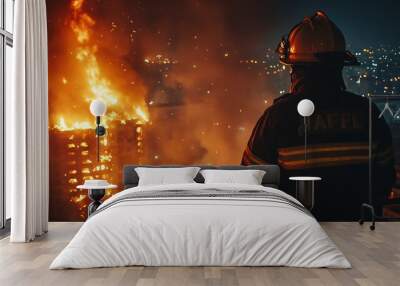  firefighter in full gear battling intense flames from a burning building at night, copy space Wall mural