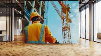 construction worker in a hard hat operating a crane at a busy building site, copy space Wall mural