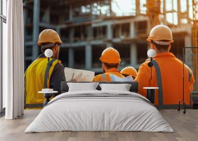 Team of construction workers discussing project plans at a busy building site, copy space Wall mural