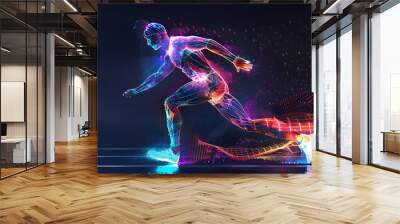 Neon athlete running, Digital futuristic sports illustration, Hologram, athlete and running for wellness, exercise for healthy lifestyle and track heart rate Wall mural