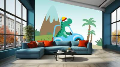 Cute little dinosaur driving a car go to forest funny animal cartoon. Creative vector childish background for fabric, textile, nursery wallpaper, poster, card, brochure. and other decoration. Wall mural