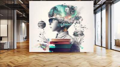 Knowledge and science boy with books artistic graphic collage - Generative AI illustration Wall mural