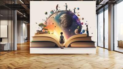 Knowledge and science children with books artistic graphic collage - Generative AI illustration Wall mural