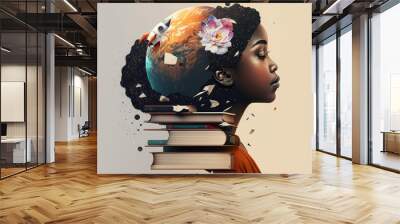 Knowledge and science girl with books artistic graphic collage - Generative AI illustration Wall mural