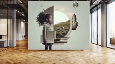 Knowledge and science girl with books artistic graphic collage - Generative AI illustration Wall mural