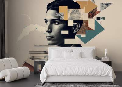 Knowledge and science man with books artistic graphic collage - Generative AI illustration Wall mural